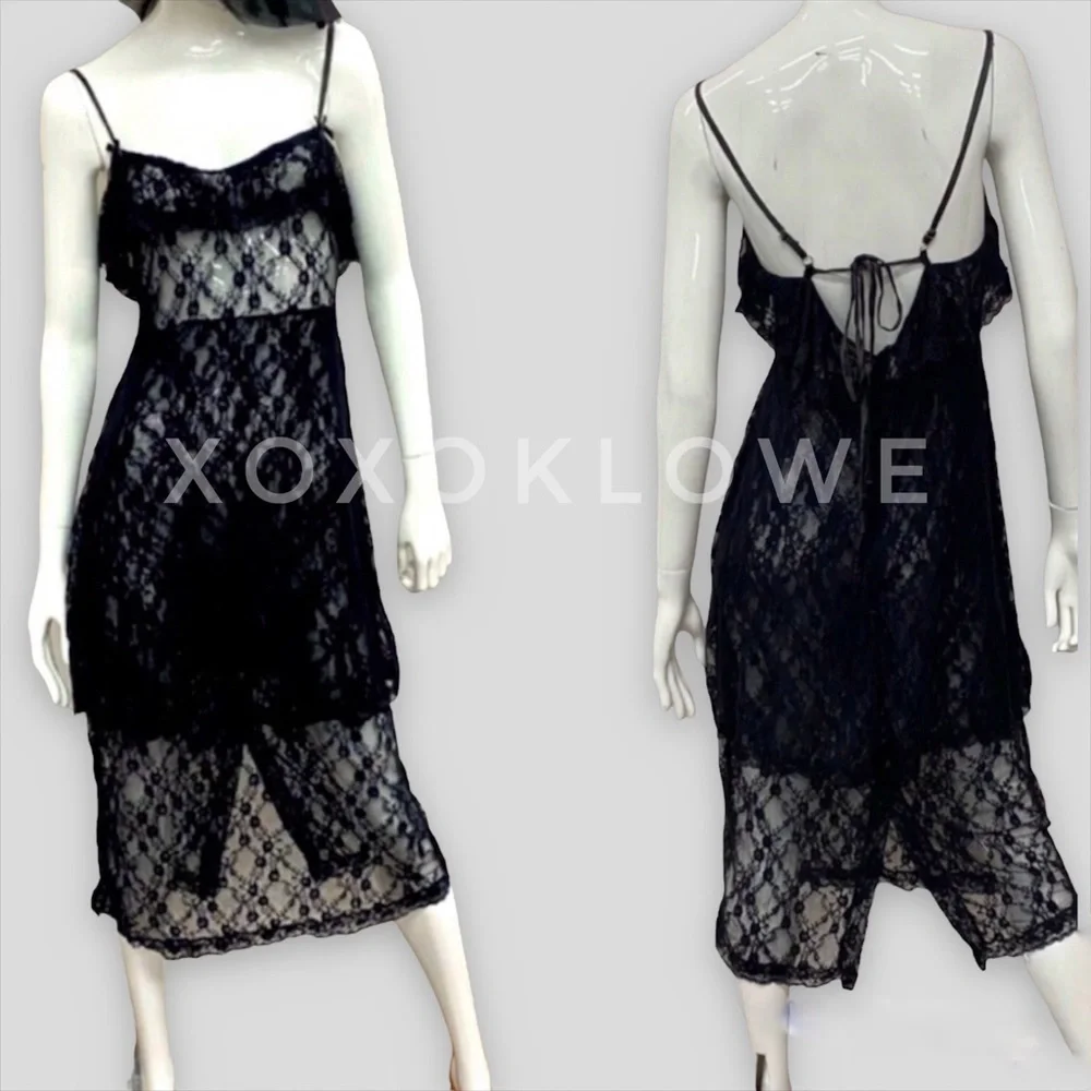 POL Black Sheer Lace Ruffle Tiered Layering Slip